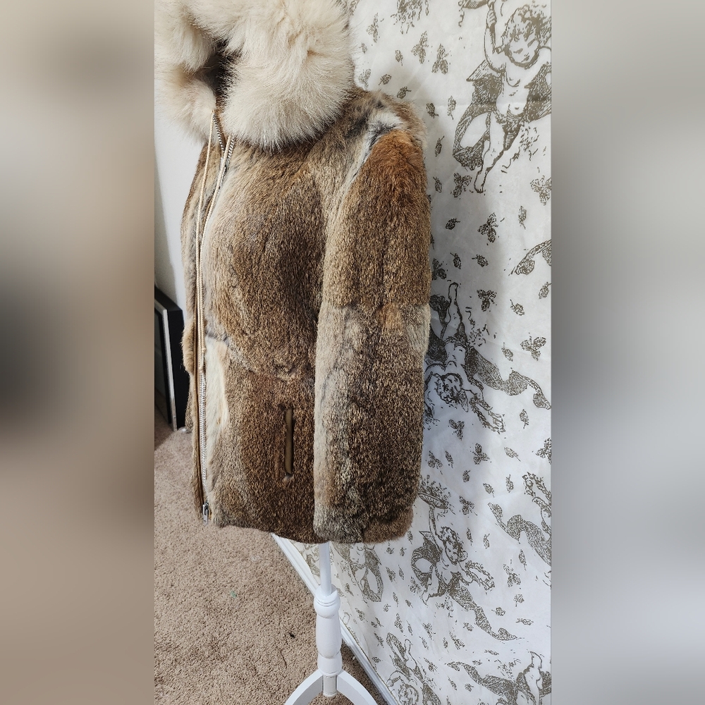 Vintage 70s 80s genuine rabbit fur hooded tan and Cream hooded jacket/ c… - Picture 3 of 9